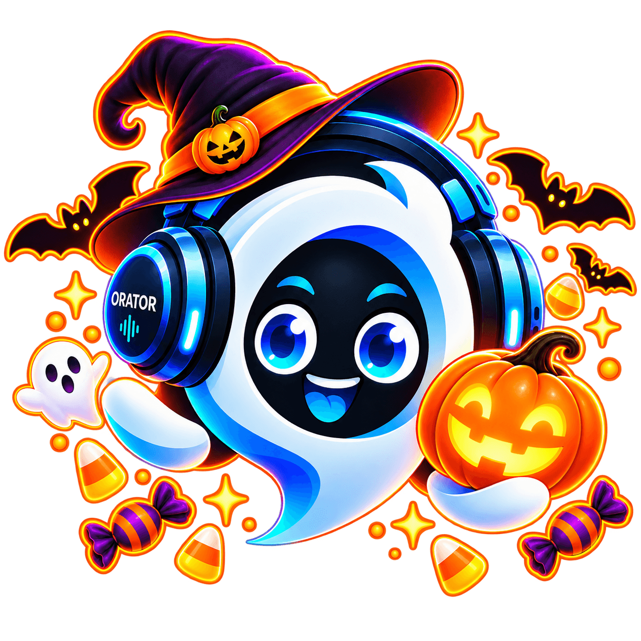 Orator Halloween mascot wearing a witch hat and holding a glowing pumpkin