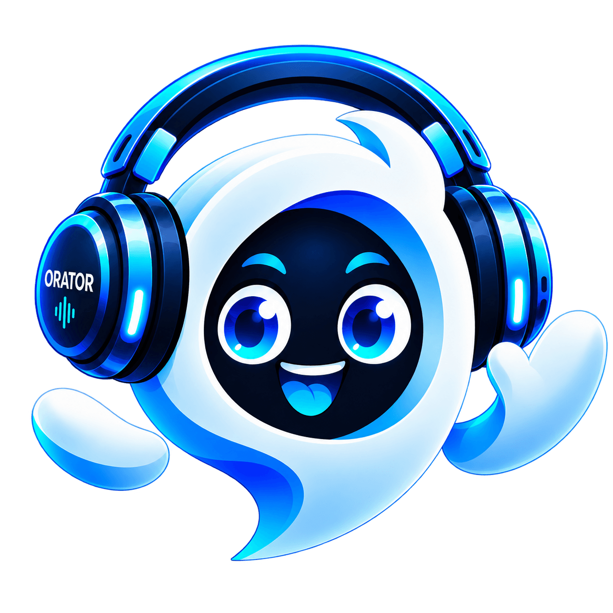 A friendly Orator speech-bubble mascot wearing royal-blue headphones